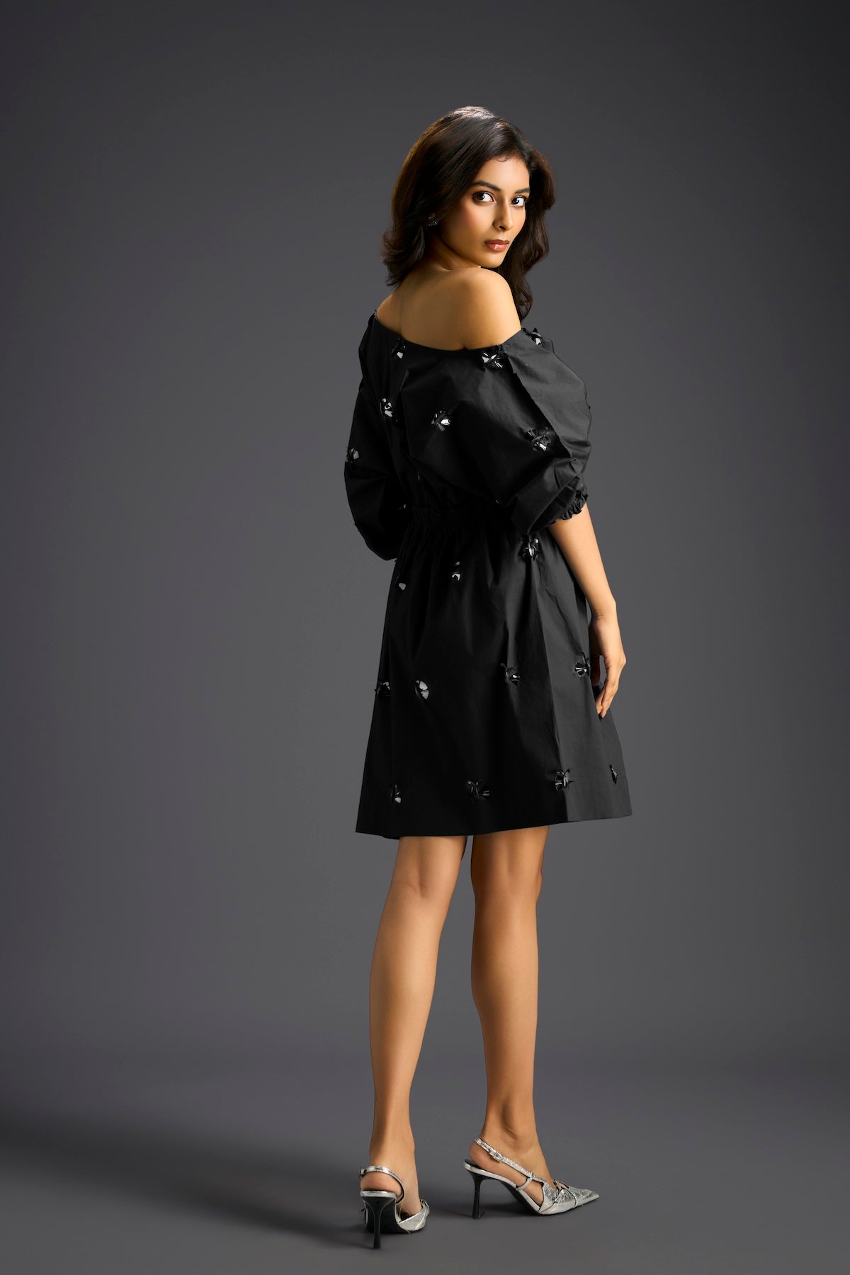 Black Off-Shoulder Dress with Butterfly Embellishments