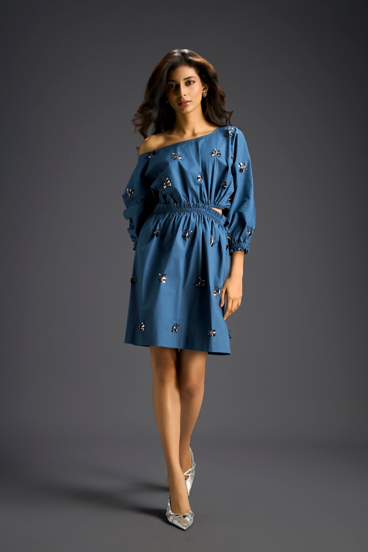 Blue Off-Shoulder Dress with Butterfly Embellishments