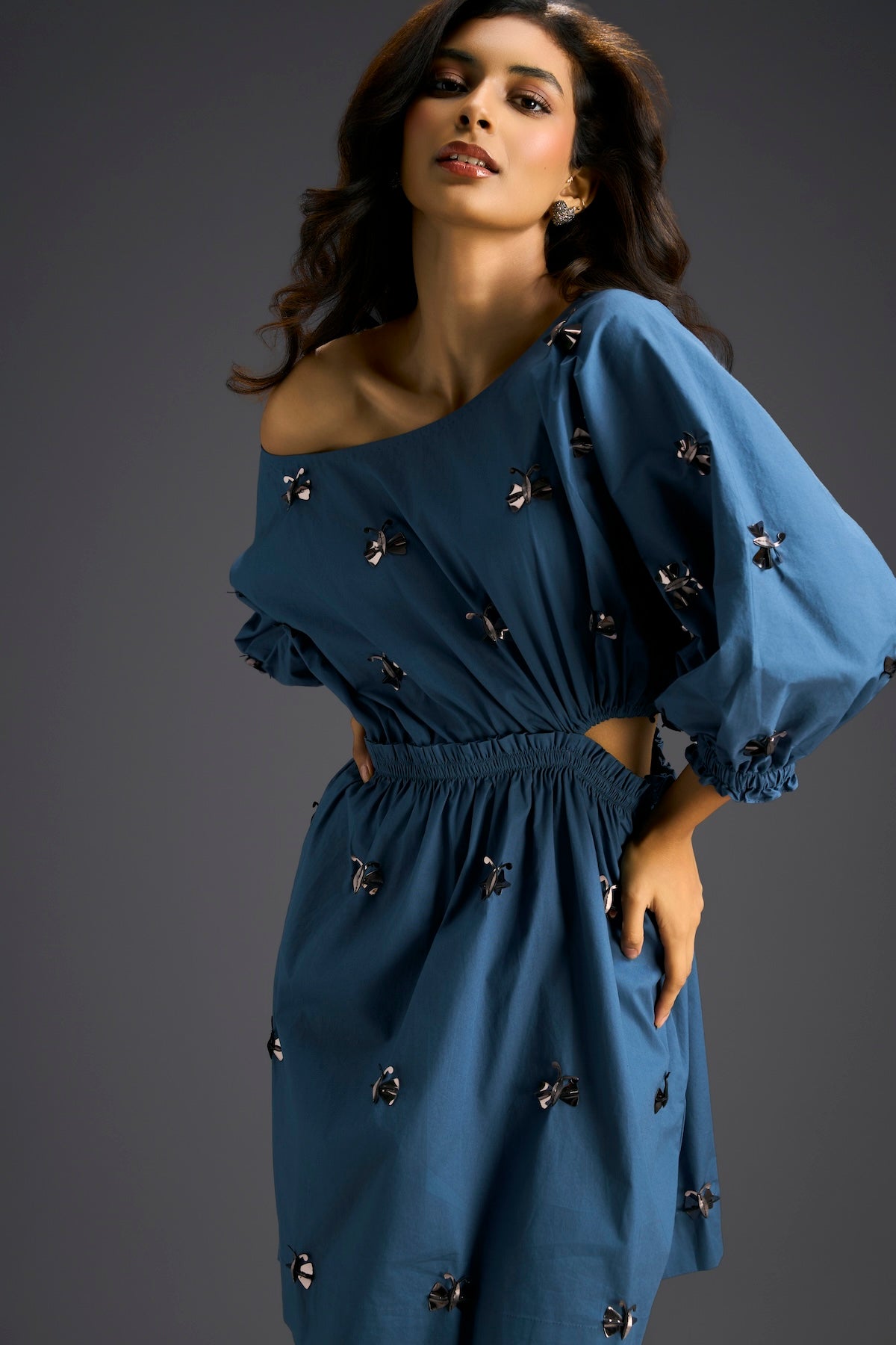 Blue Off-Shoulder Dress with Butterfly Embellishments