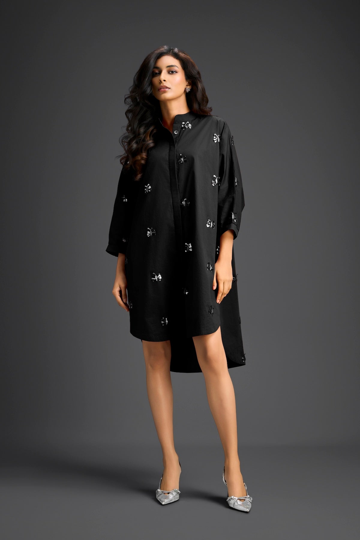 Balck Oversized Shirt Dress with Butterfly Motifs