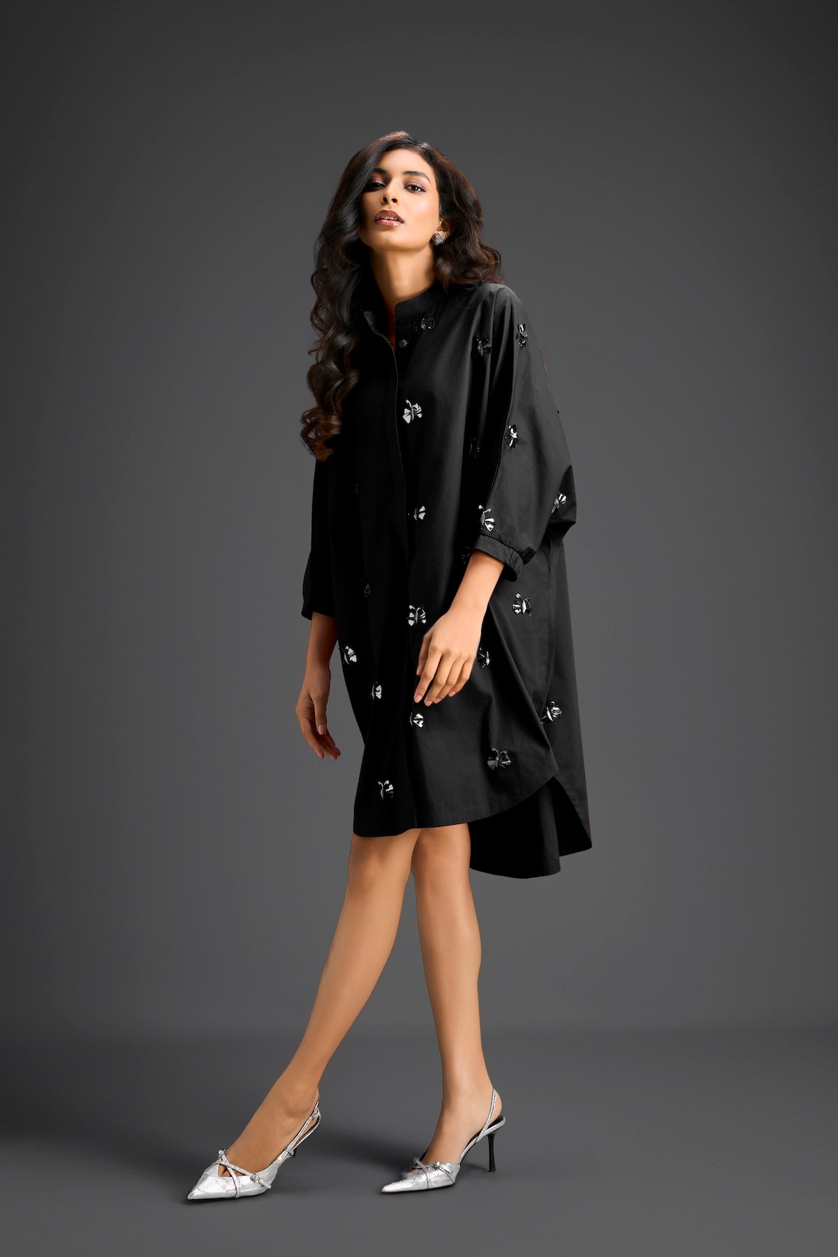Balck Oversized Shirt Dress with Butterfly Motifs