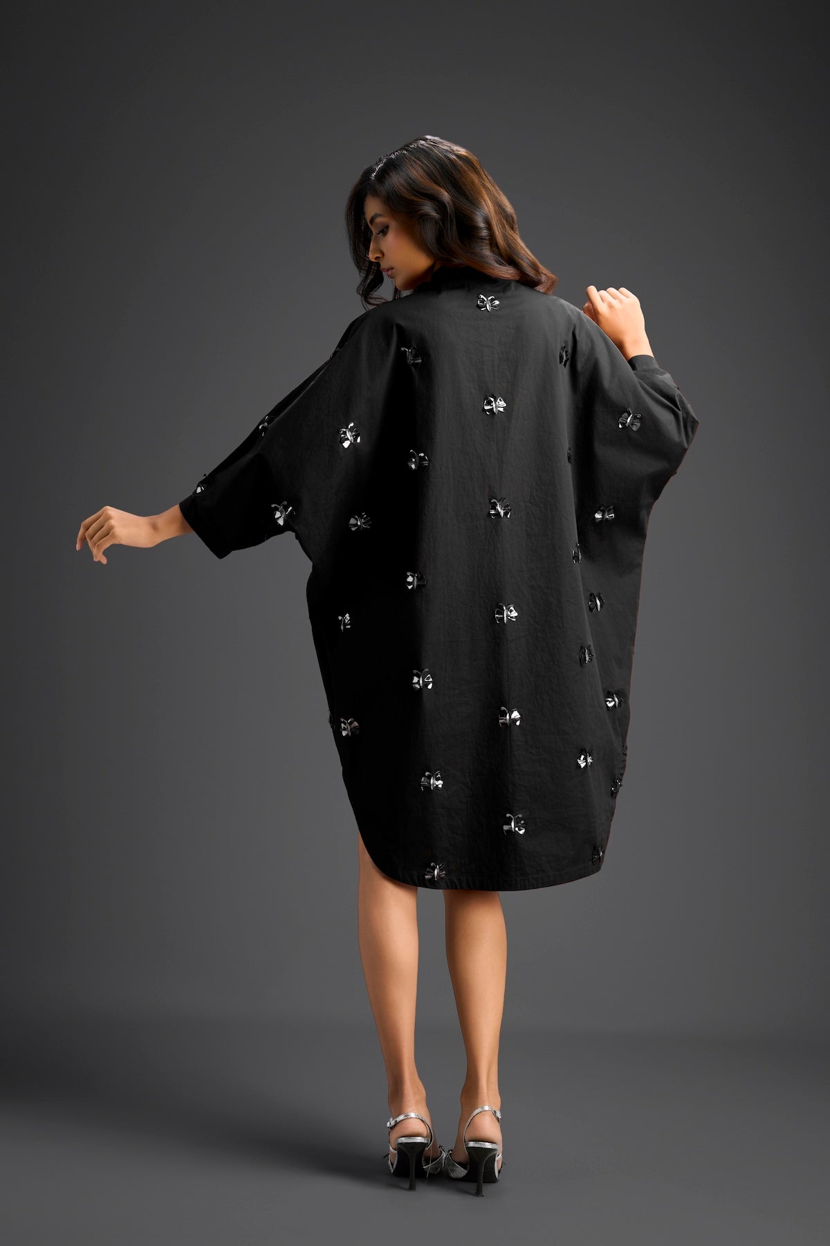 Balck Oversized Shirt Dress with Butterfly Motifs