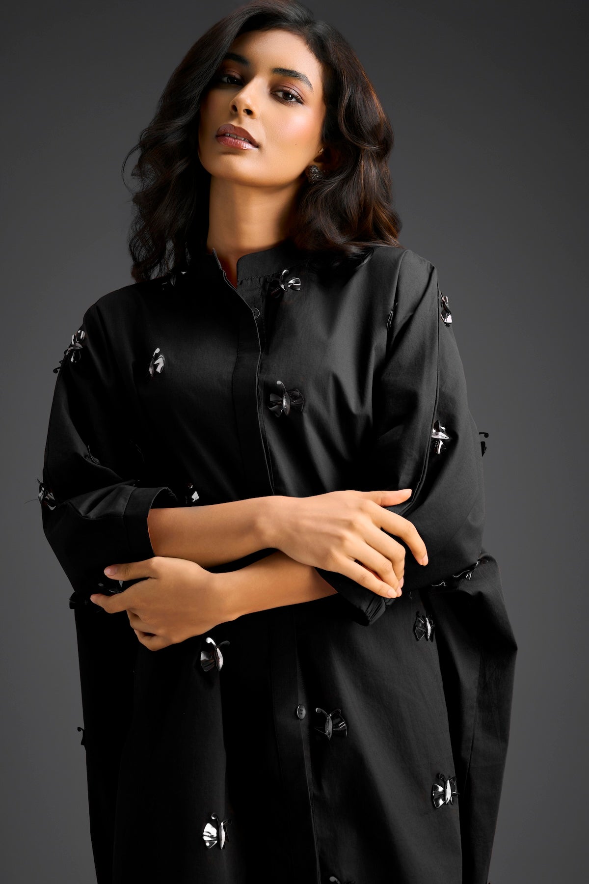Balck Oversized Shirt Dress with Butterfly Motifs