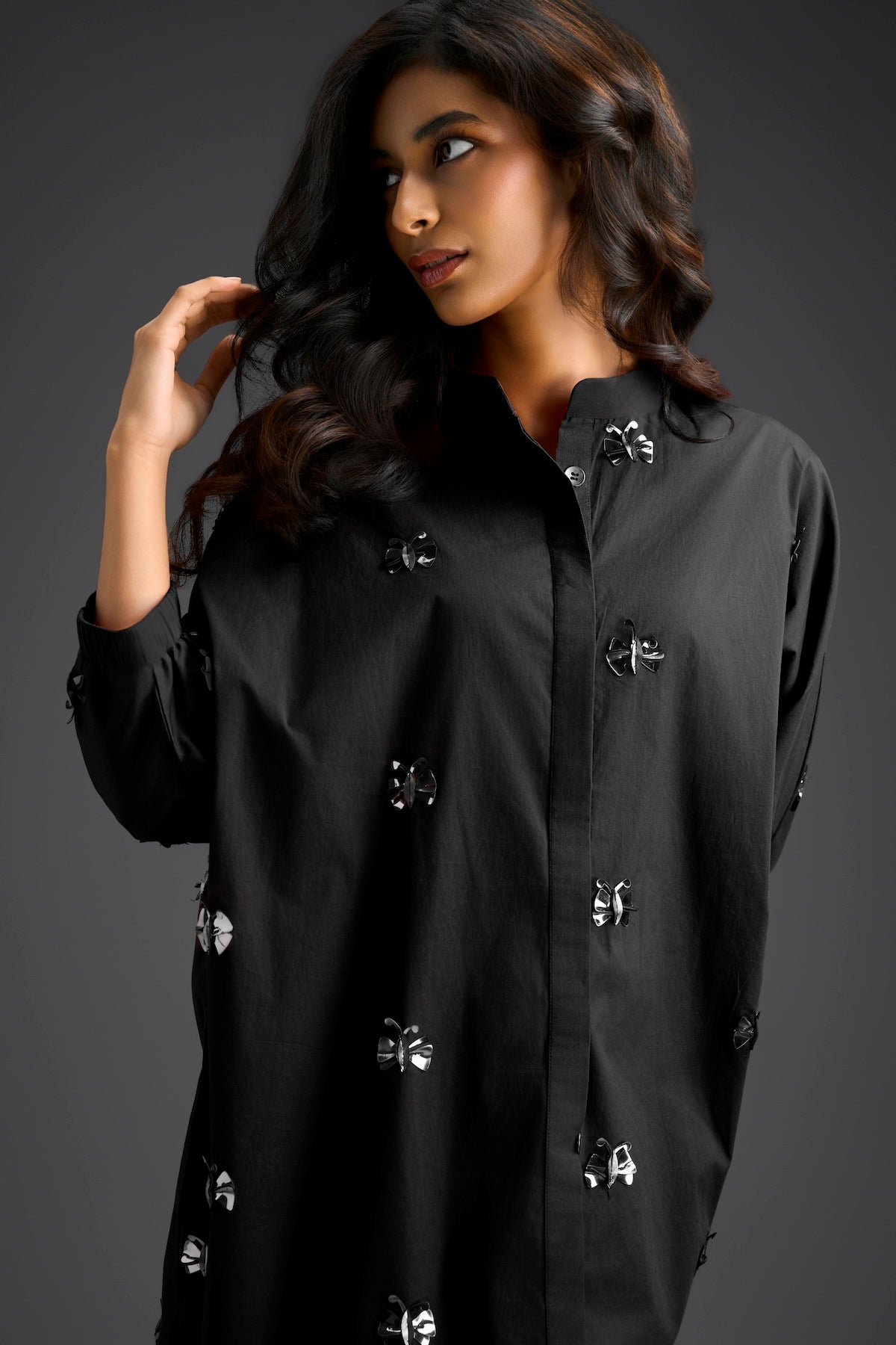Balck Oversized Shirt Dress with Butterfly Motifs