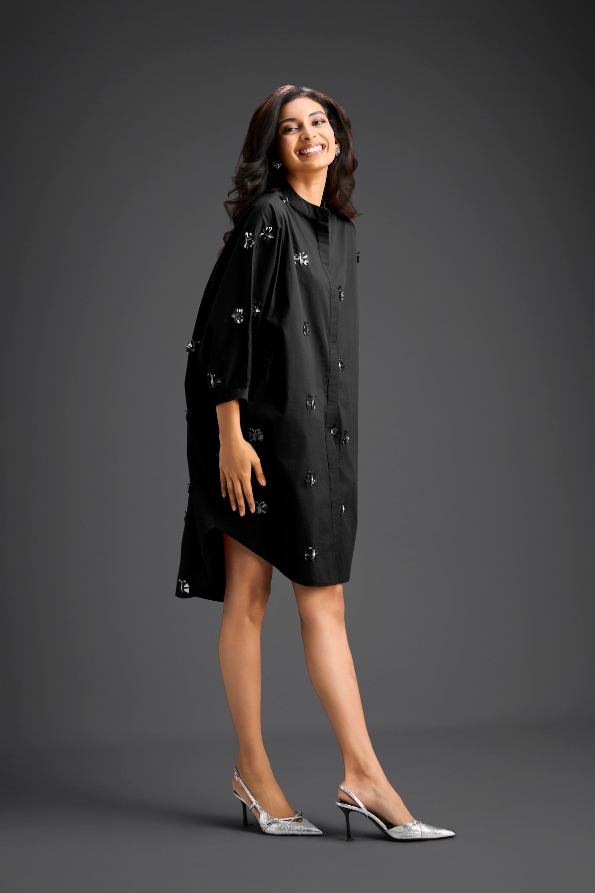 Balck Oversized Shirt Dress with Butterfly Motifs