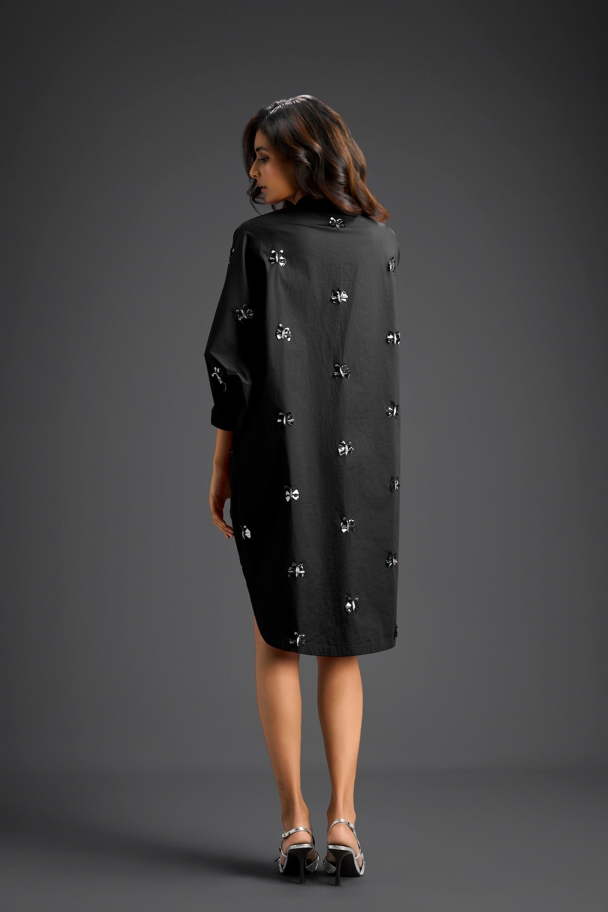 Balck Oversized Shirt Dress with Butterfly Motifs