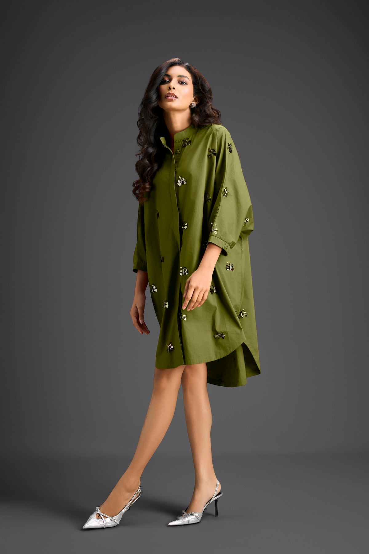 Green Oversized Shirt Dress with Butterfly Motifs