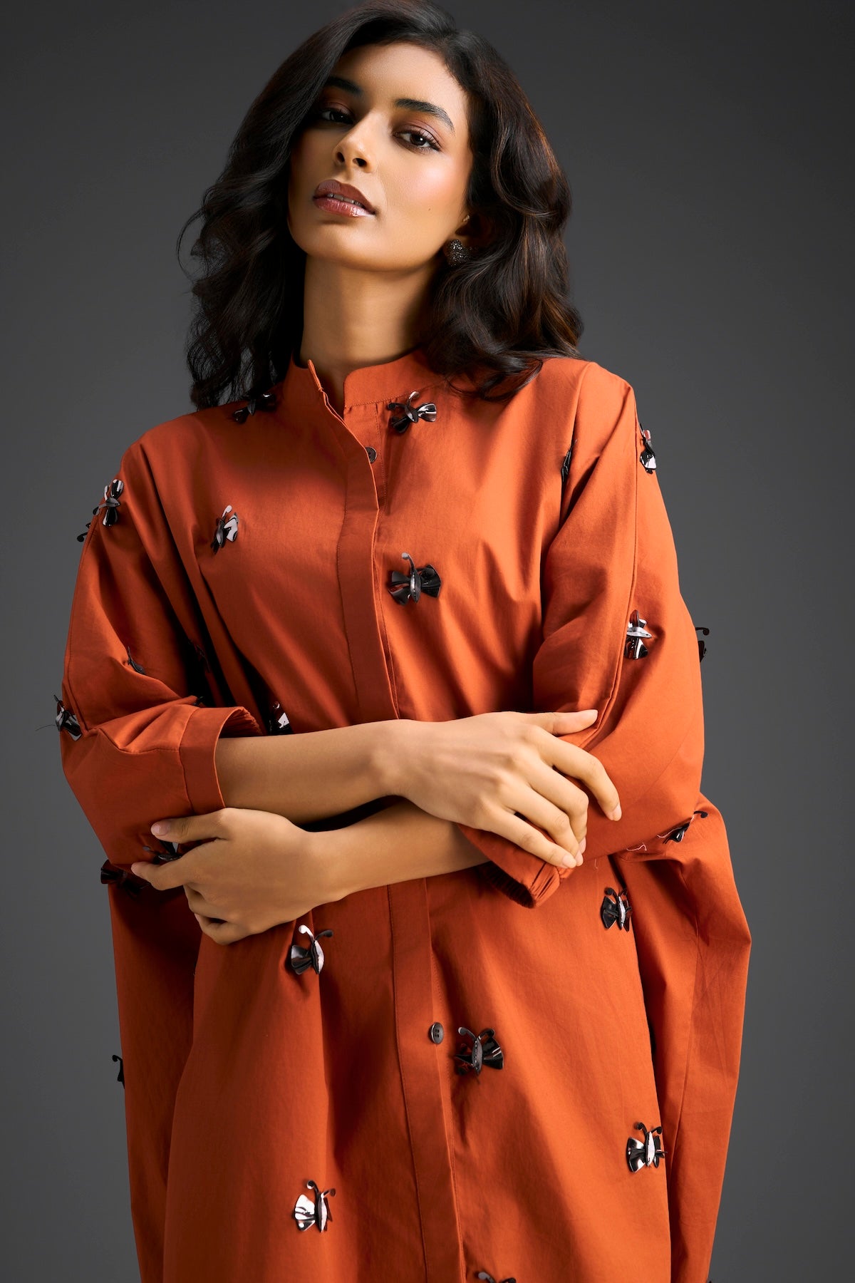 Rust Oversized Shirt Dress with Butterfly Motifs