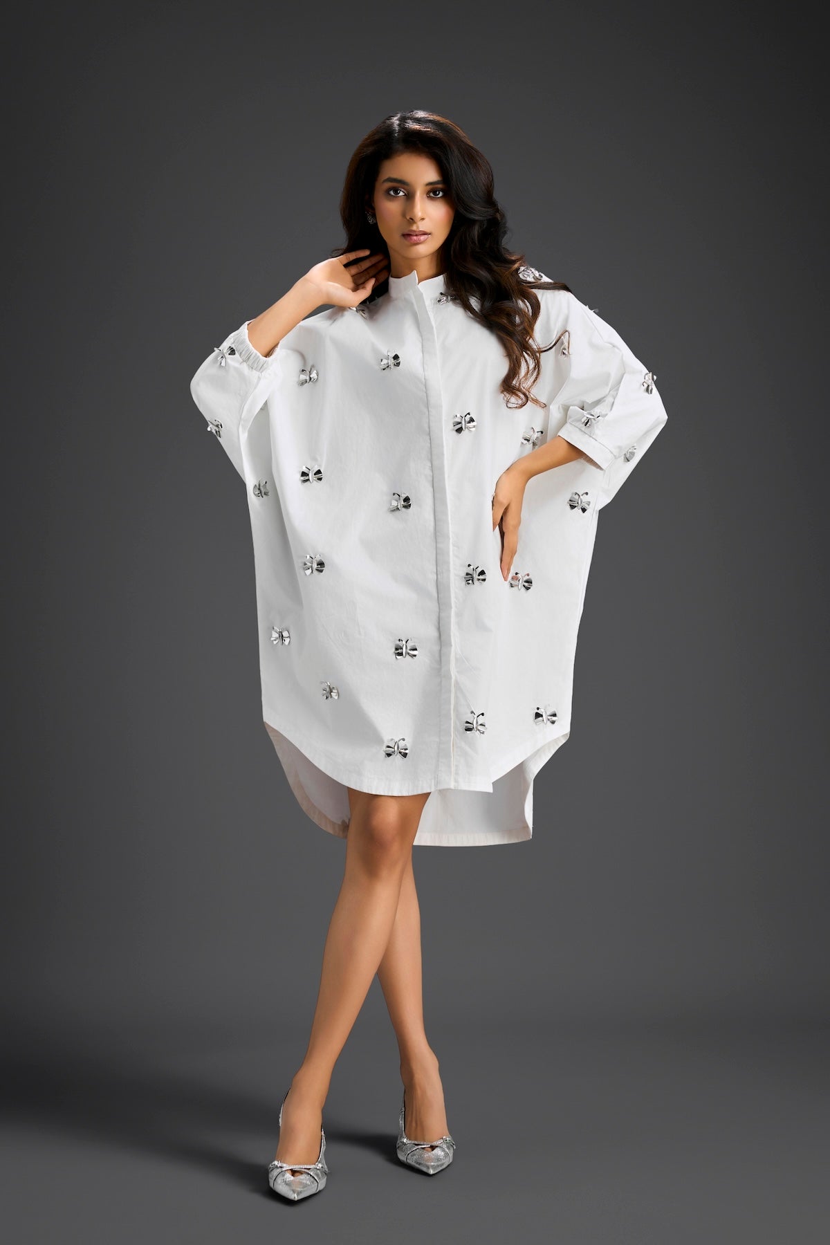 White Oversized Shirt Dress with Butterfly Motifs