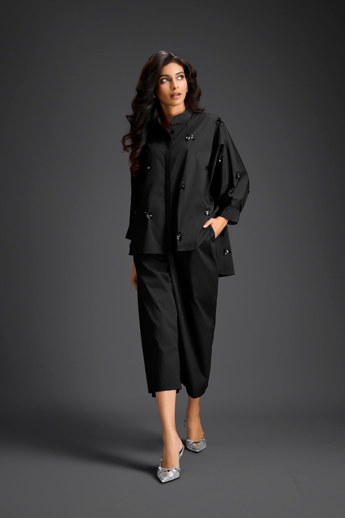 Black Butterfly Embellished Pleated Shirt & Pants Set