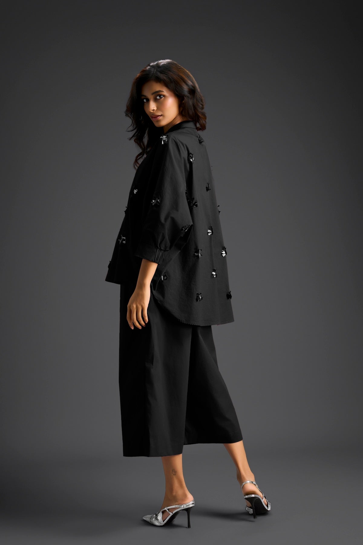 Black Butterfly Embellished Pleated Shirt & Pants Set