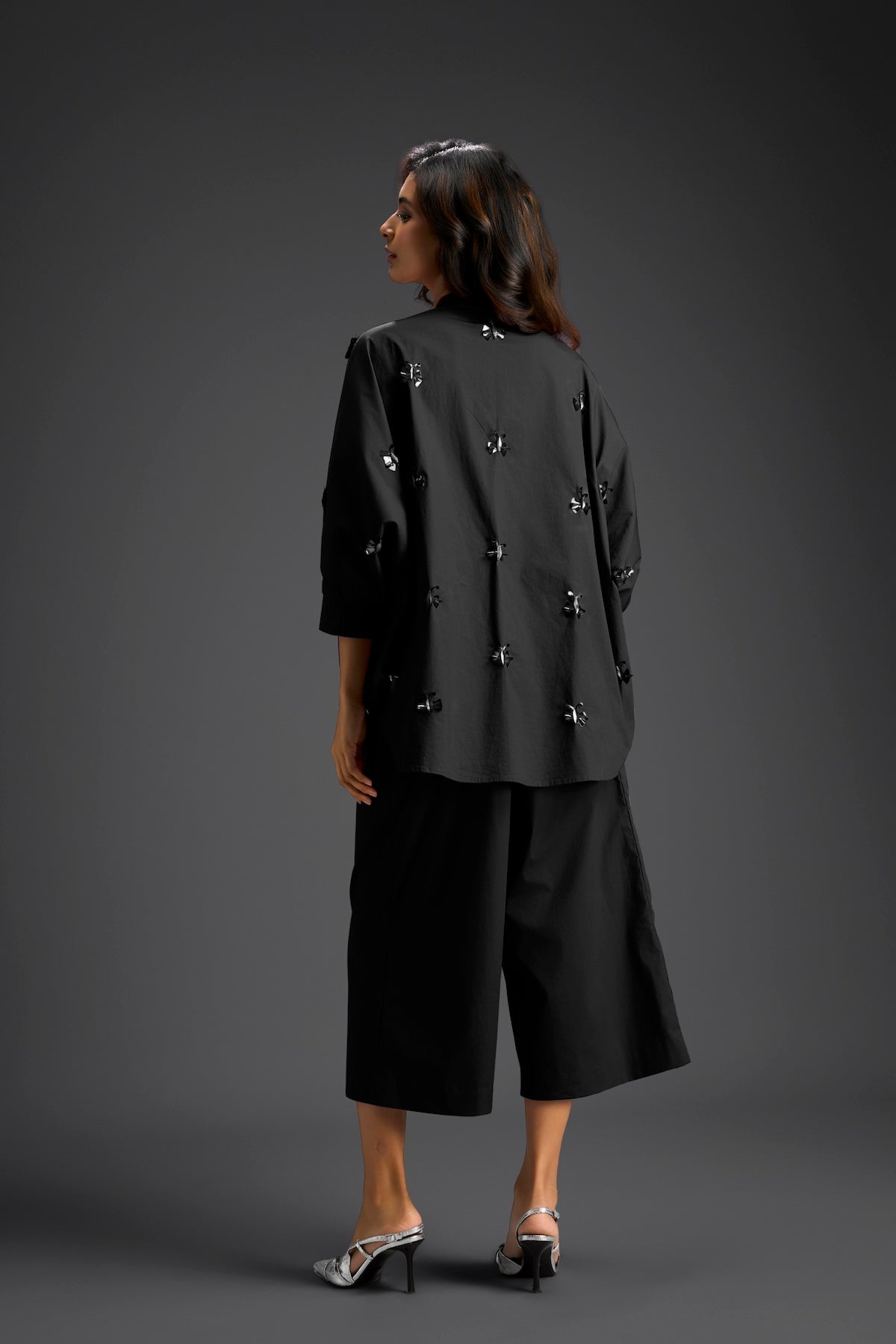 Black Butterfly Embellished Pleated Shirt & Pants Set