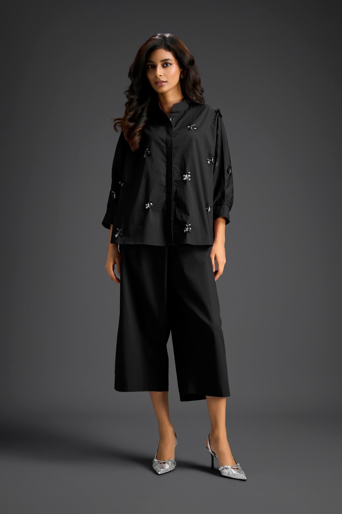 Black Butterfly Embellished Pleated Shirt & Pants Set