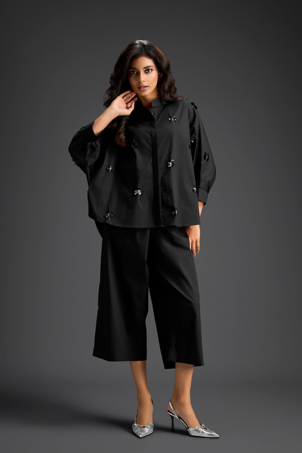 Black Butterfly Embellished Pleated Shirt & Pants Set