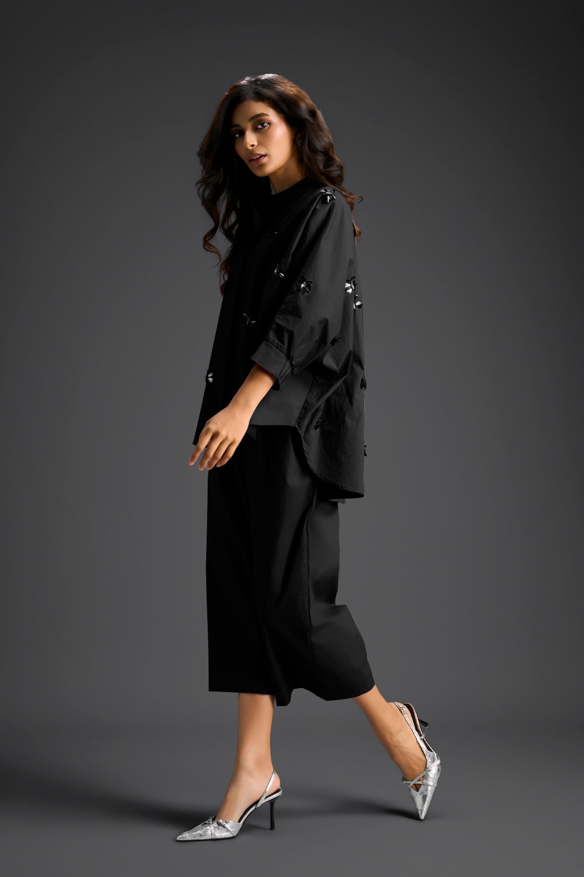 Black Butterfly Embellished Pleated Shirt & Pants Set