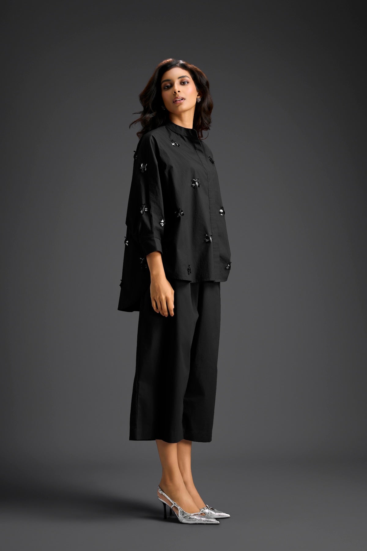 Black Butterfly Embellished Pleated Shirt & Pants Set