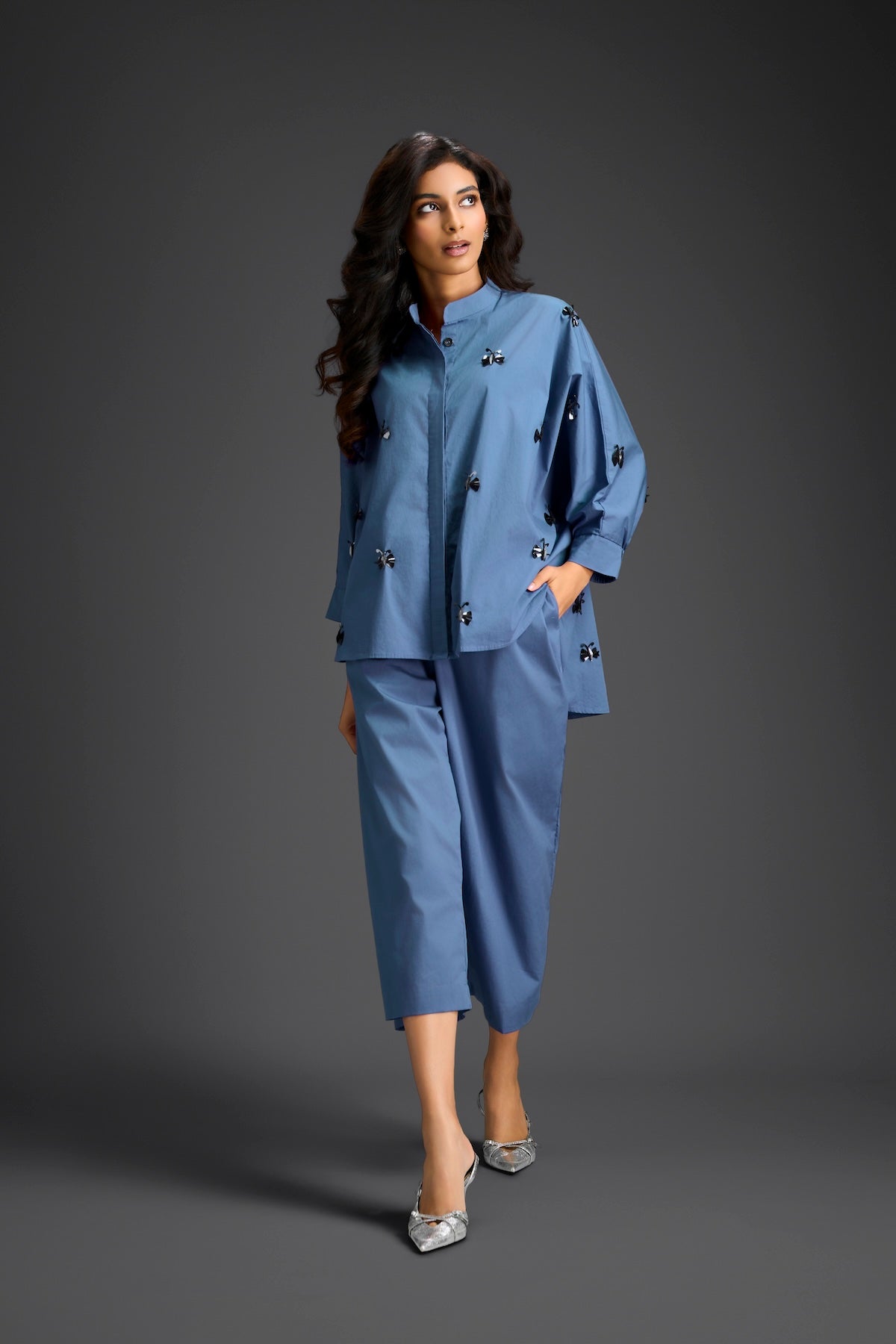 Blue Butterfly Embellished Pleated Shirt & Pants Set