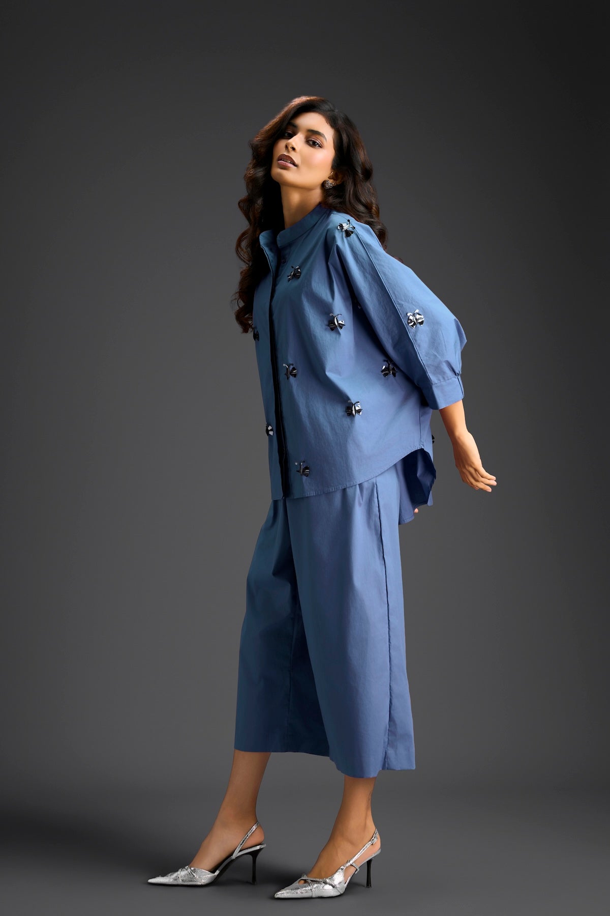 Blue Butterfly Embellished Pleated Shirt & Pants Set