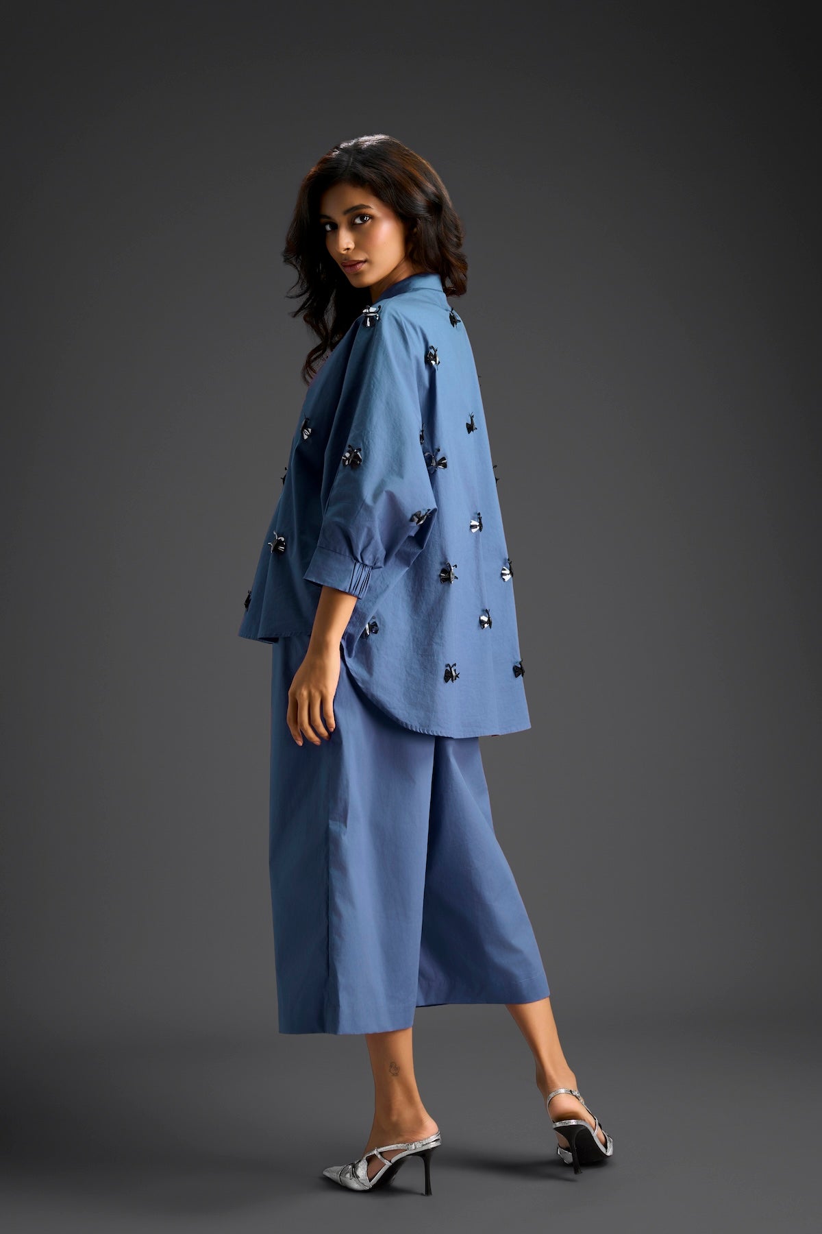 Blue Butterfly Embellished Pleated Shirt & Pants Set