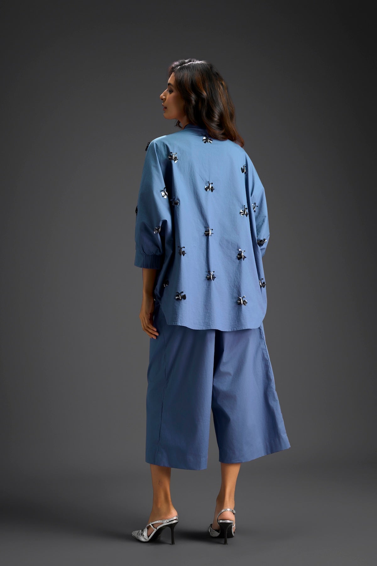 Blue Butterfly Embellished Pleated Shirt & Pants Set