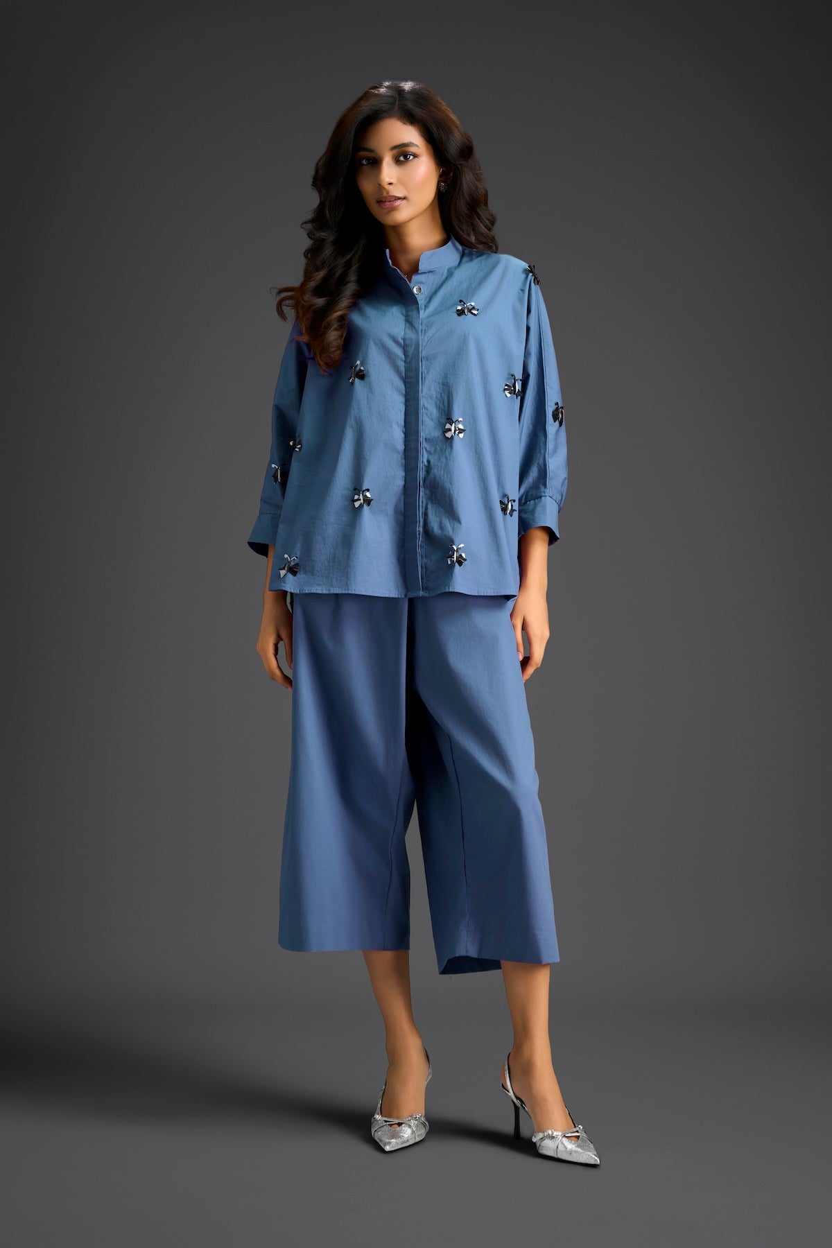Blue Butterfly Embellished Pleated Shirt & Pants Set