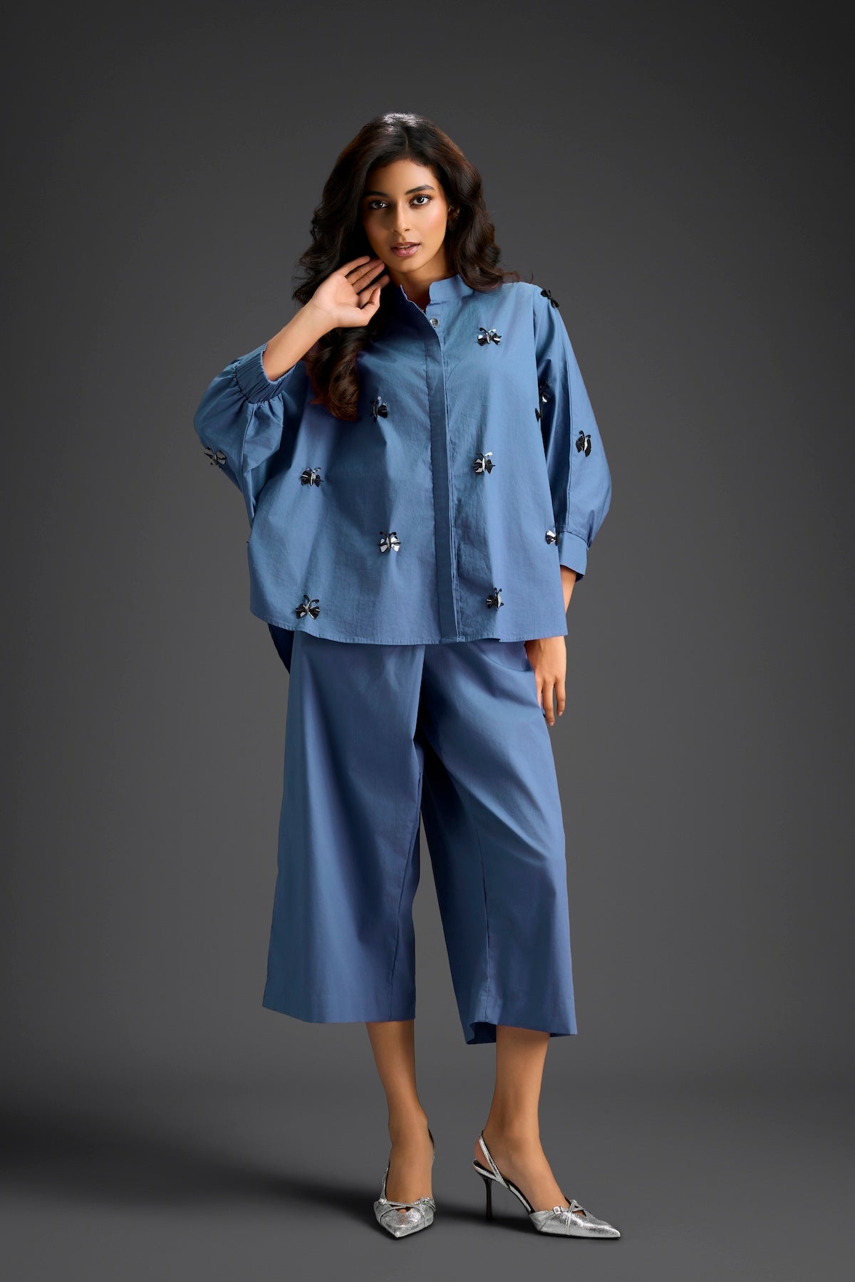 Blue Butterfly Embellished Pleated Shirt & Pants Set