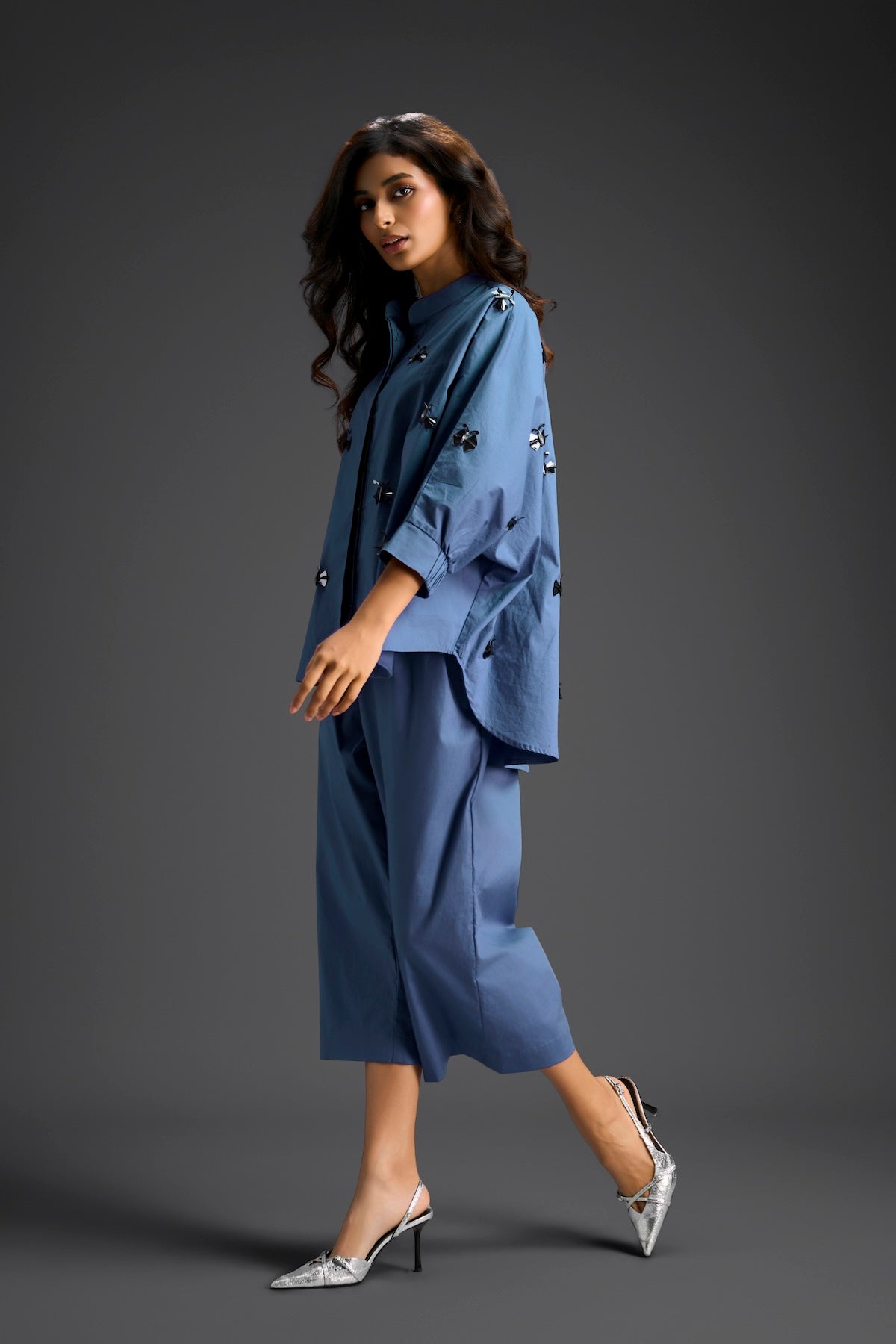 Blue Butterfly Embellished Pleated Shirt & Pants Set