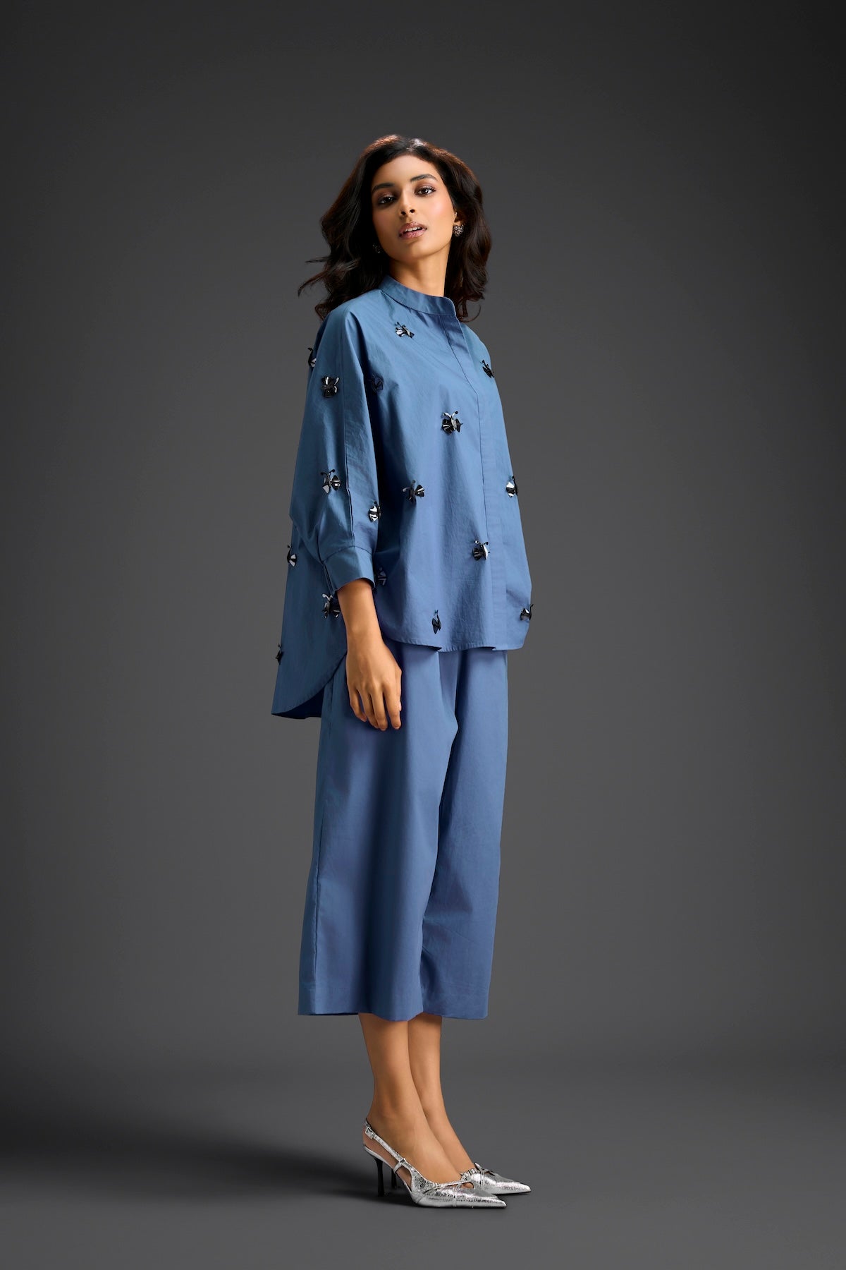 Blue Butterfly Embellished Pleated Shirt & Pants Set