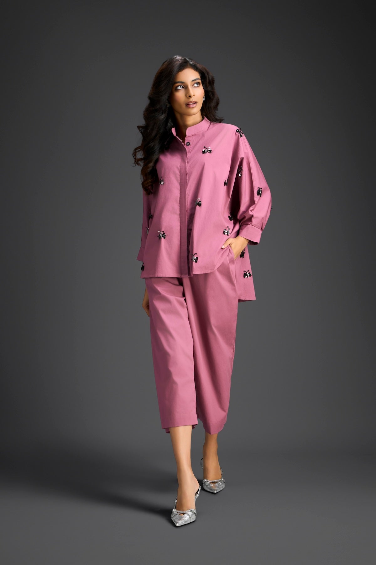 Pink Butterfly Embellished Pleated Shirt & Pants Set