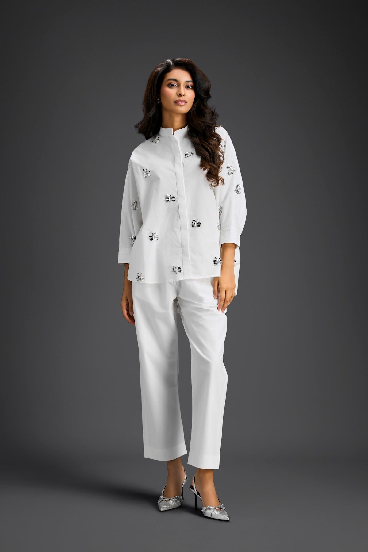 White Butterfly Embellished Pleated Shirt & Pants Set