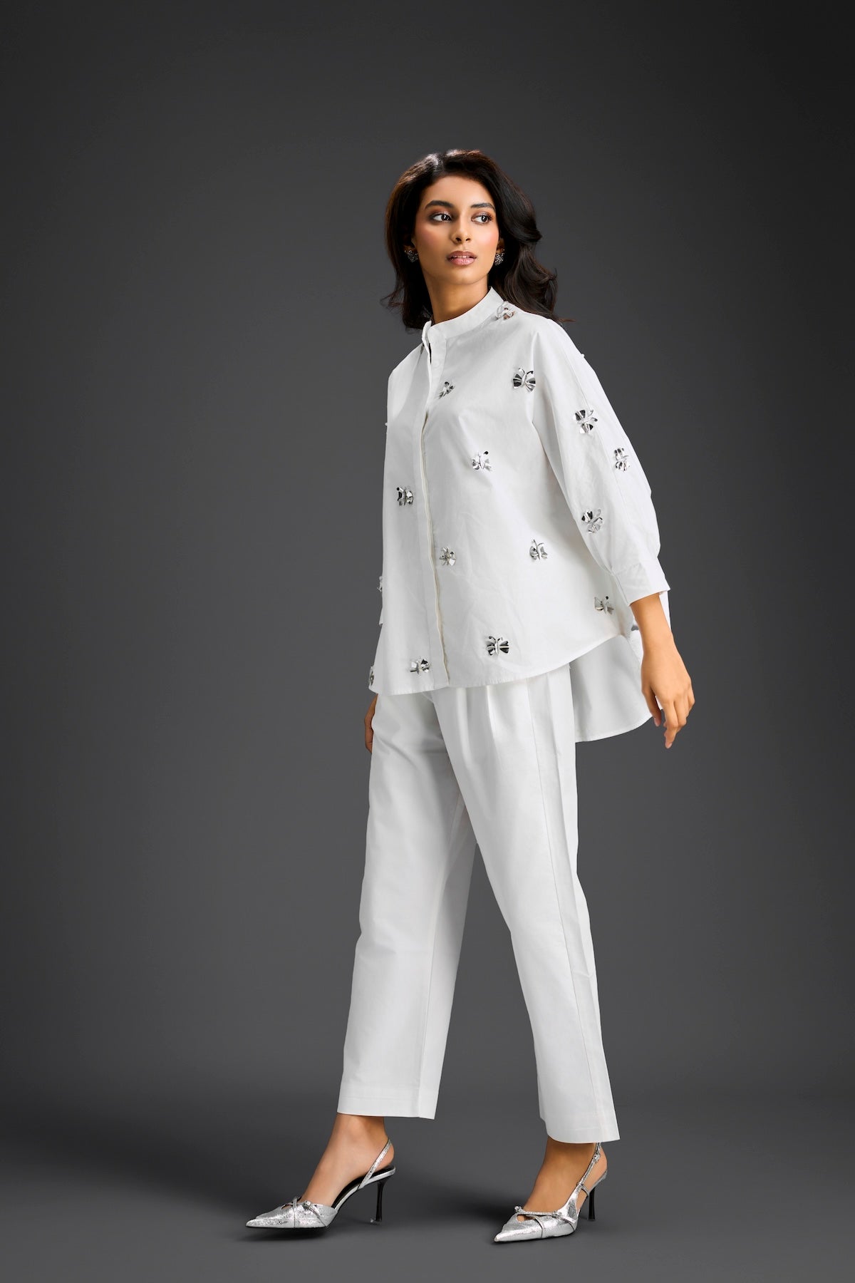 White Butterfly Embellished Pleated Shirt & Pants Set