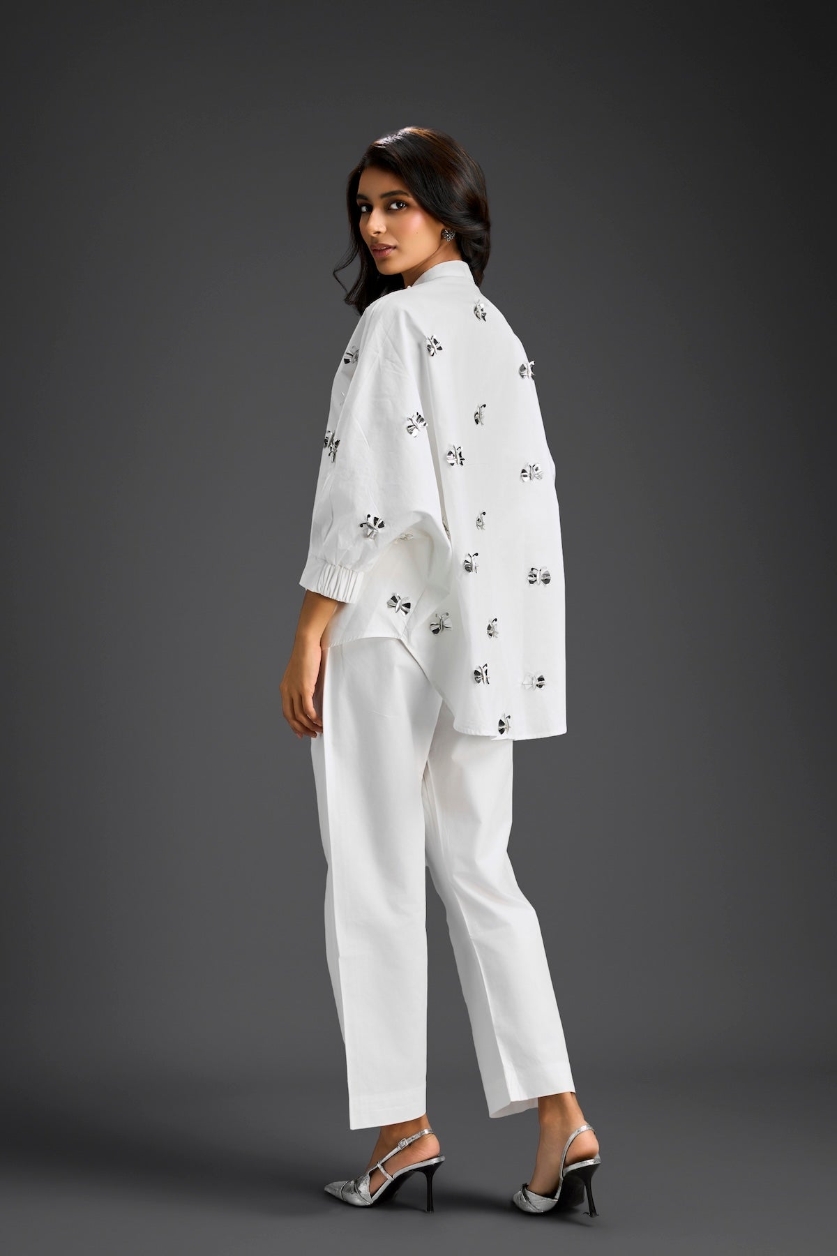 White Butterfly Embellished Pleated Shirt & Pants Set