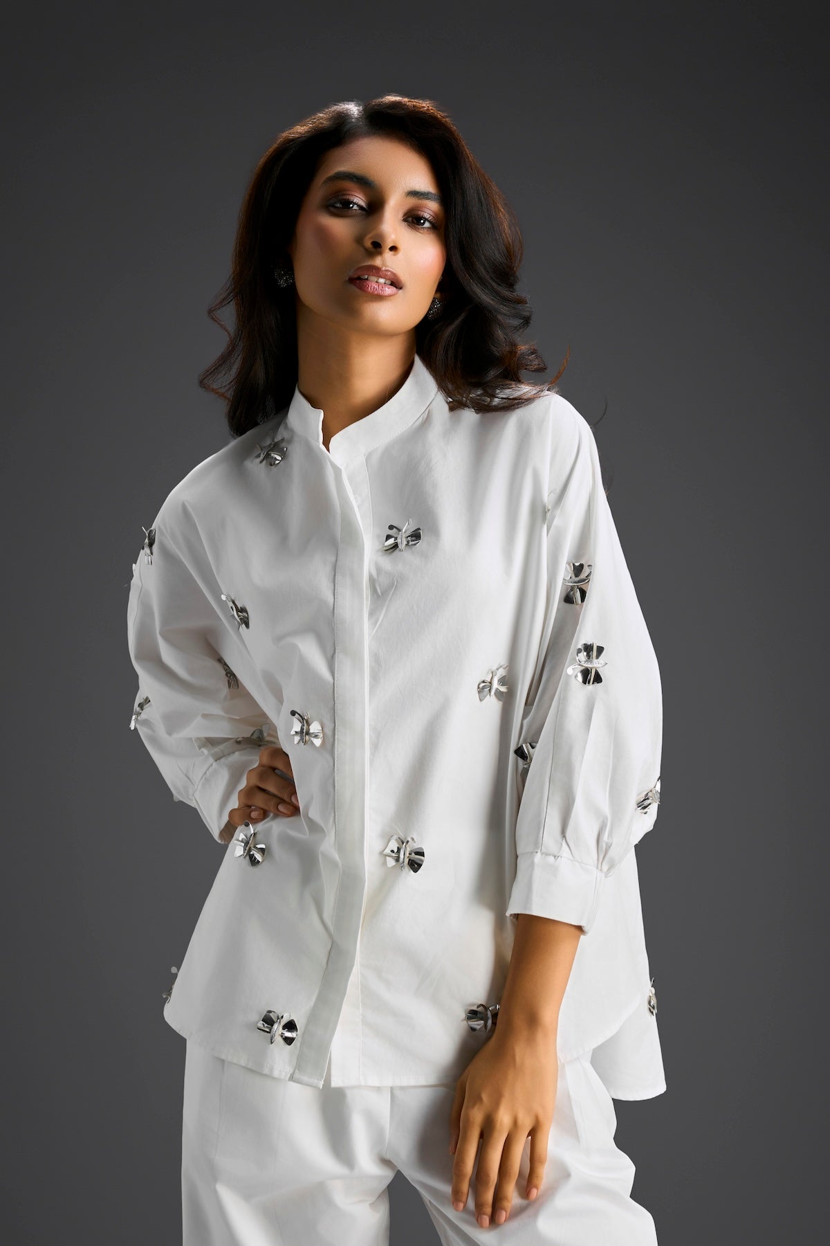 White Butterfly Embellished Pleated Shirt & Pants Set