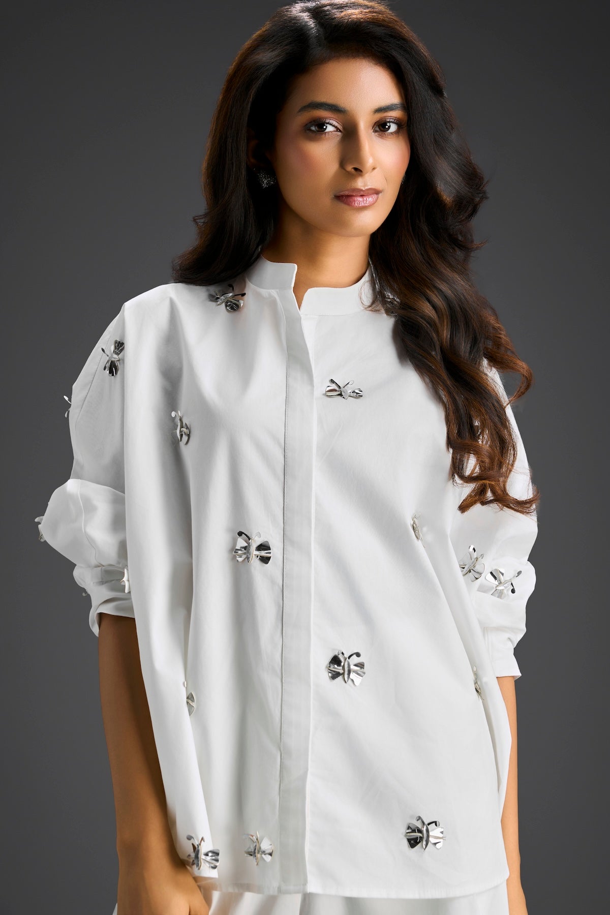 White Butterfly Embellished Pleated Shirt & Pants Set