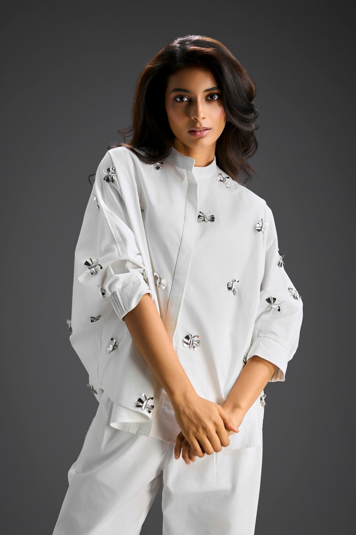 White Butterfly Embellished Pleated Shirt & Pants Set