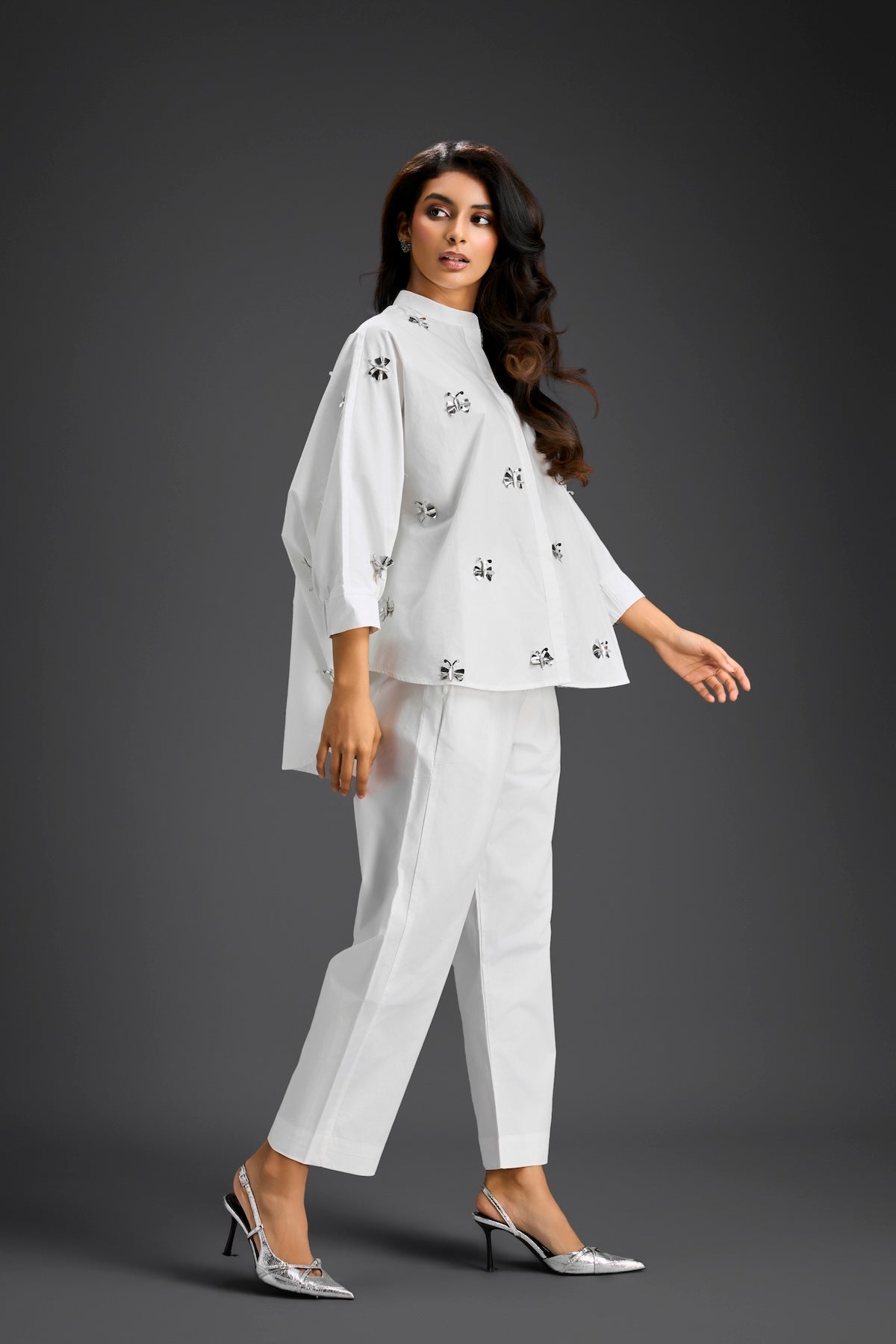 White Butterfly Embellished Pleated Shirt & Pants Set