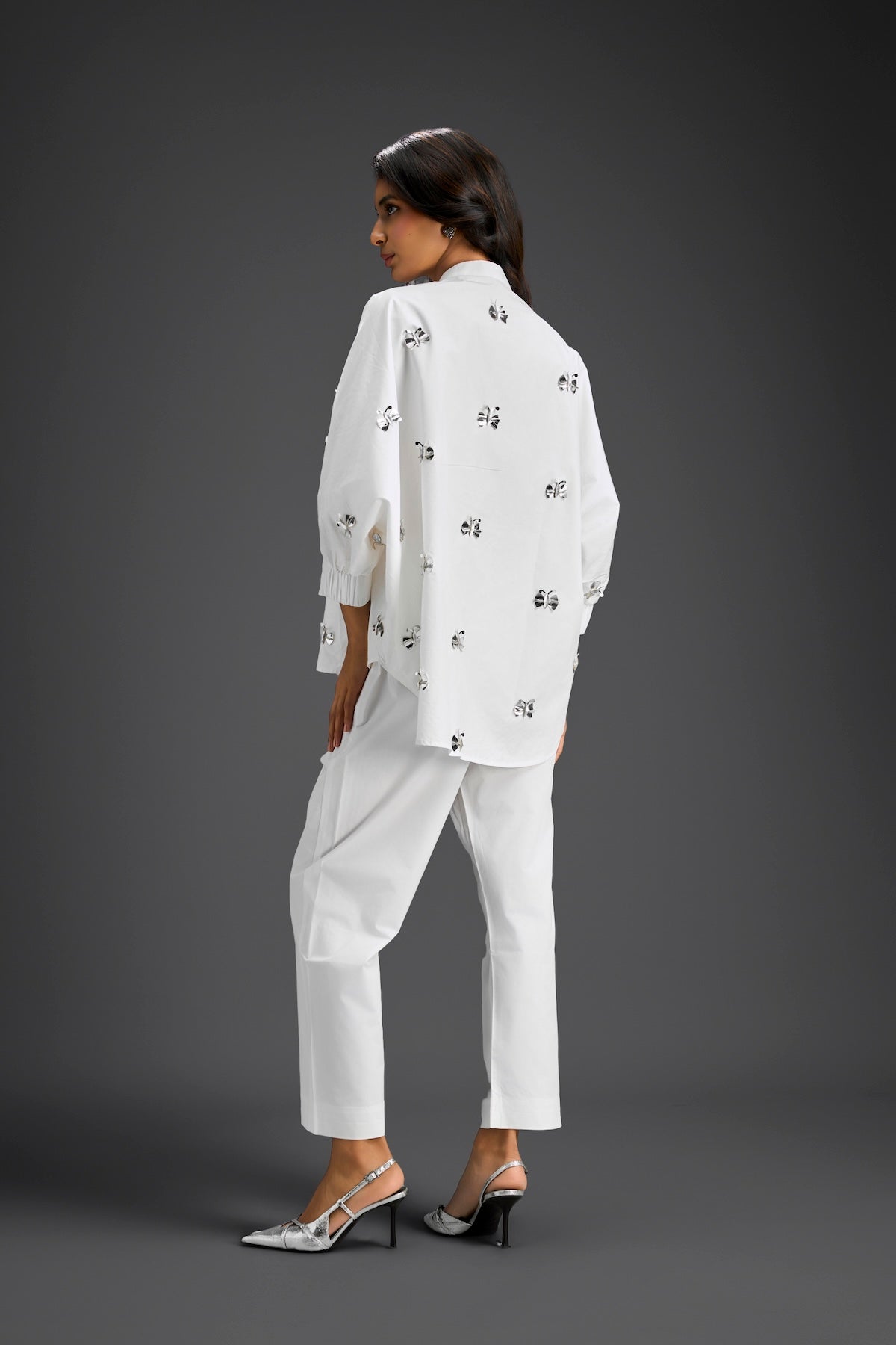 White Butterfly Embellished Pleated Shirt & Pants Set