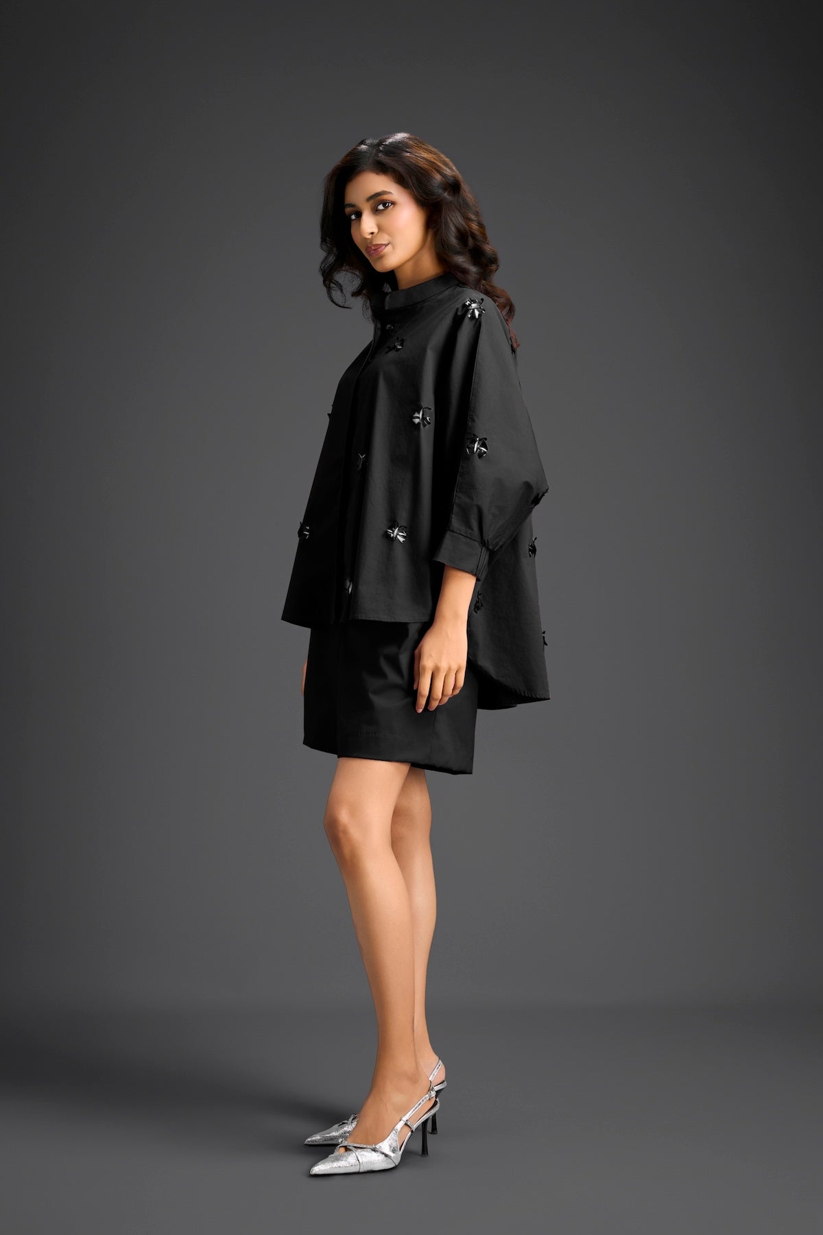 Black Butterfly Embellished Pleated Shirt & Shorts Set