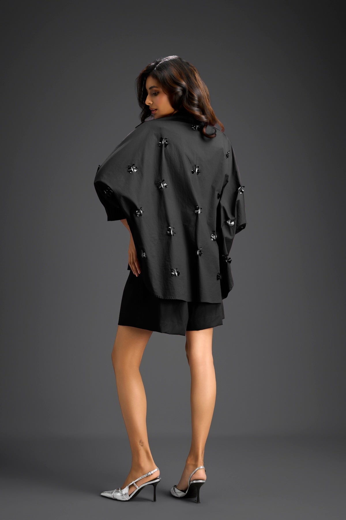 Black Butterfly Embellished Pleated Shirt & Shorts Set