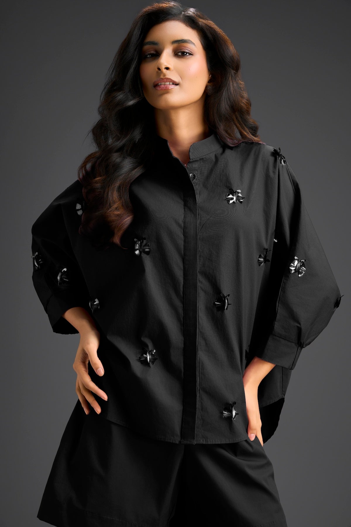 Black Butterfly Embellished Pleated Shirt & Shorts Set