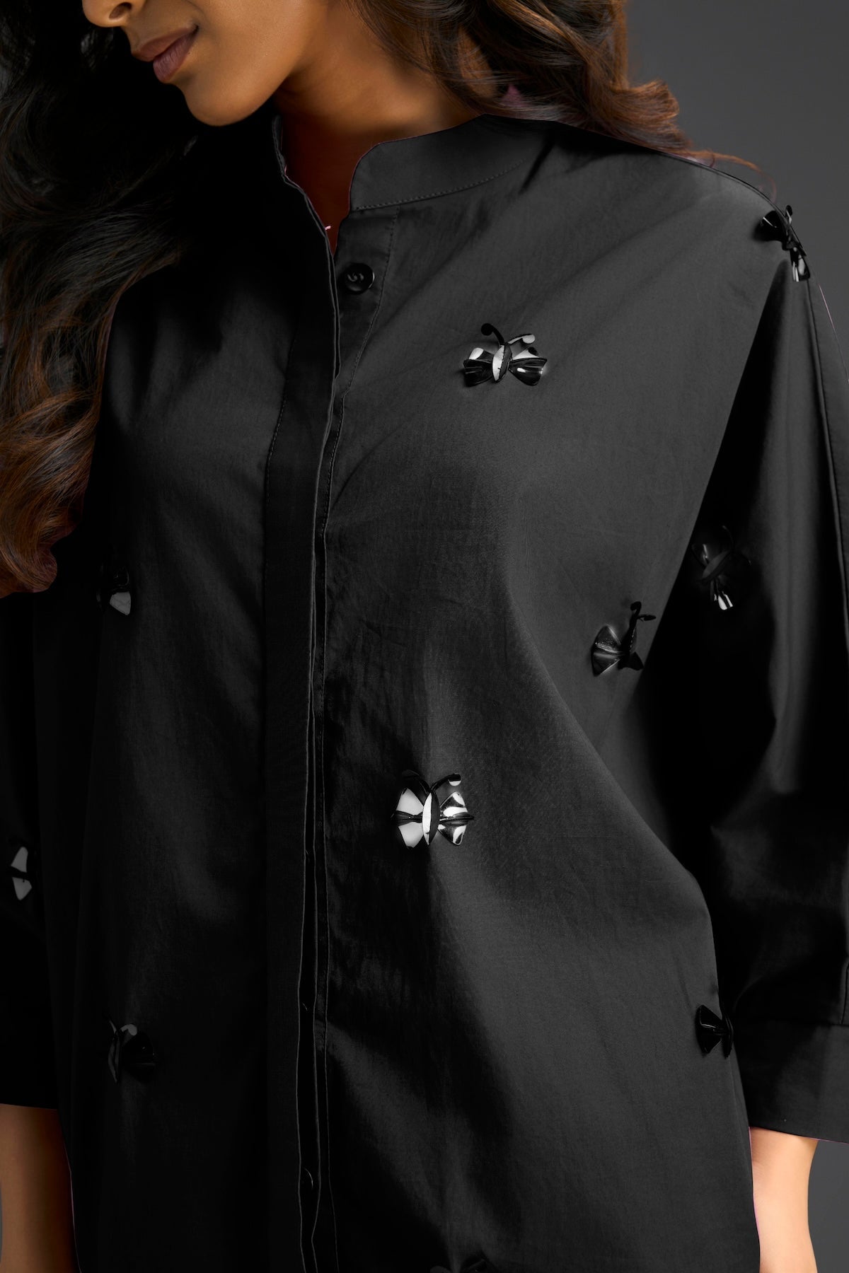 Black Butterfly Embellished Pleated Shirt & Shorts Set