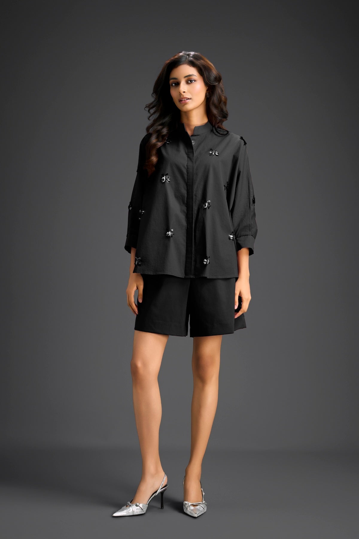 Black Butterfly Embellished Pleated Shirt & Shorts Set
