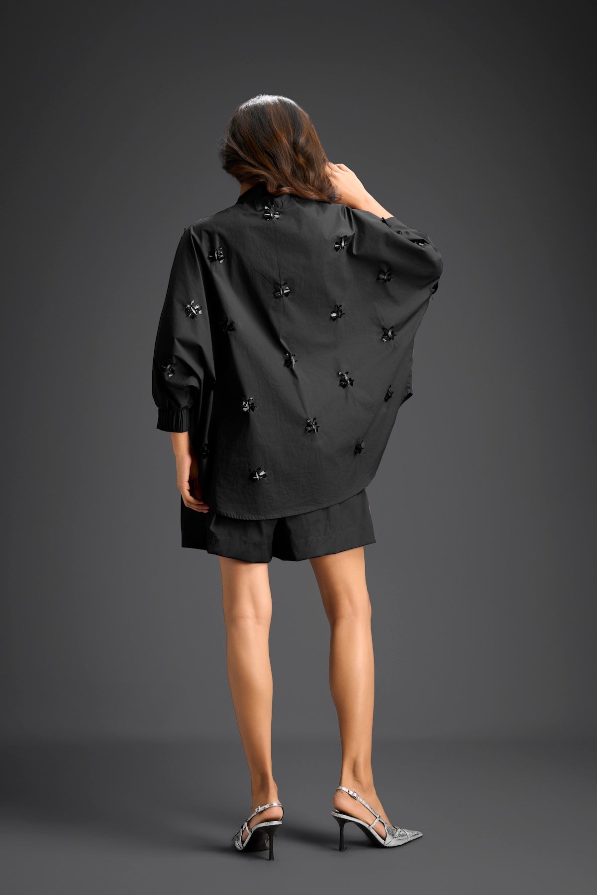Black Butterfly Embellished Pleated Shirt & Shorts Set