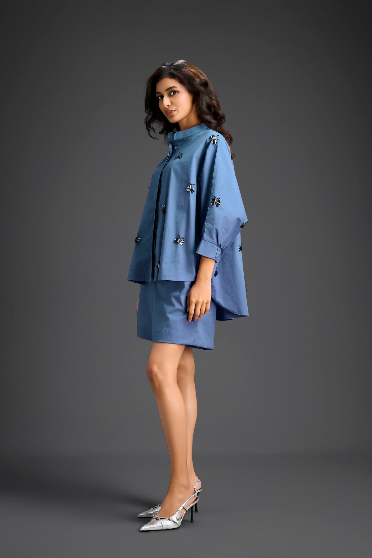 Blue Butterfly Embellished Pleated Shirt & Shorts Set