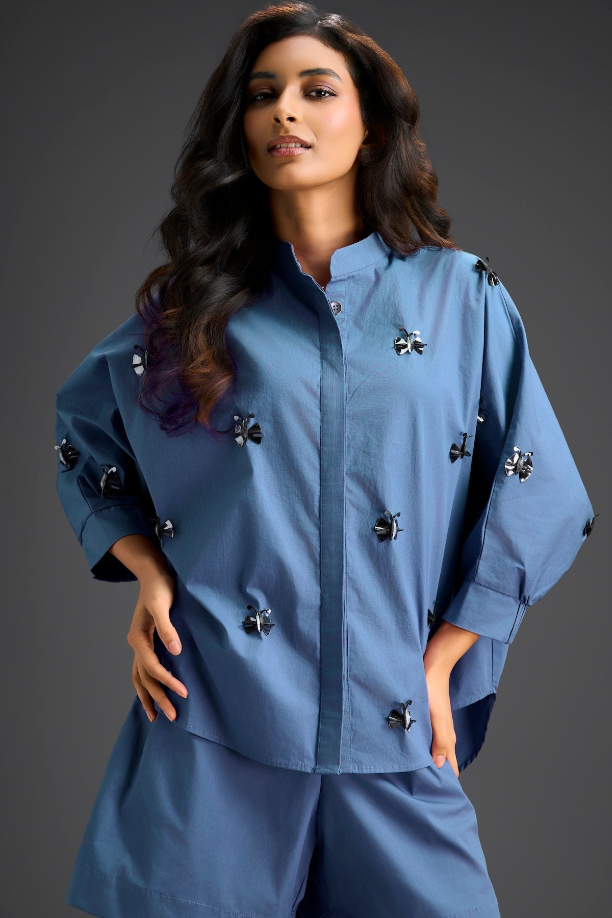 Blue Butterfly Embellished Pleated Shirt & Shorts Set