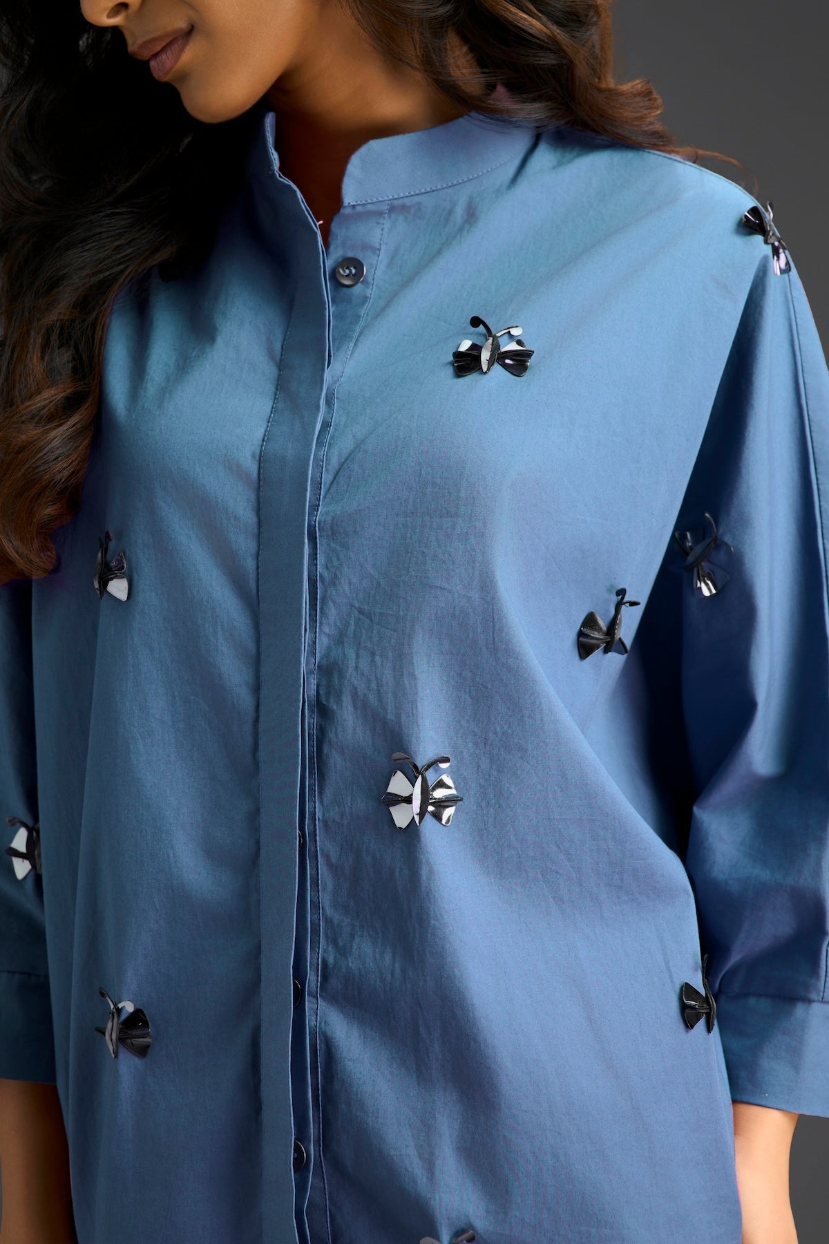 Blue Butterfly Embellished Pleated Shirt & Shorts Set