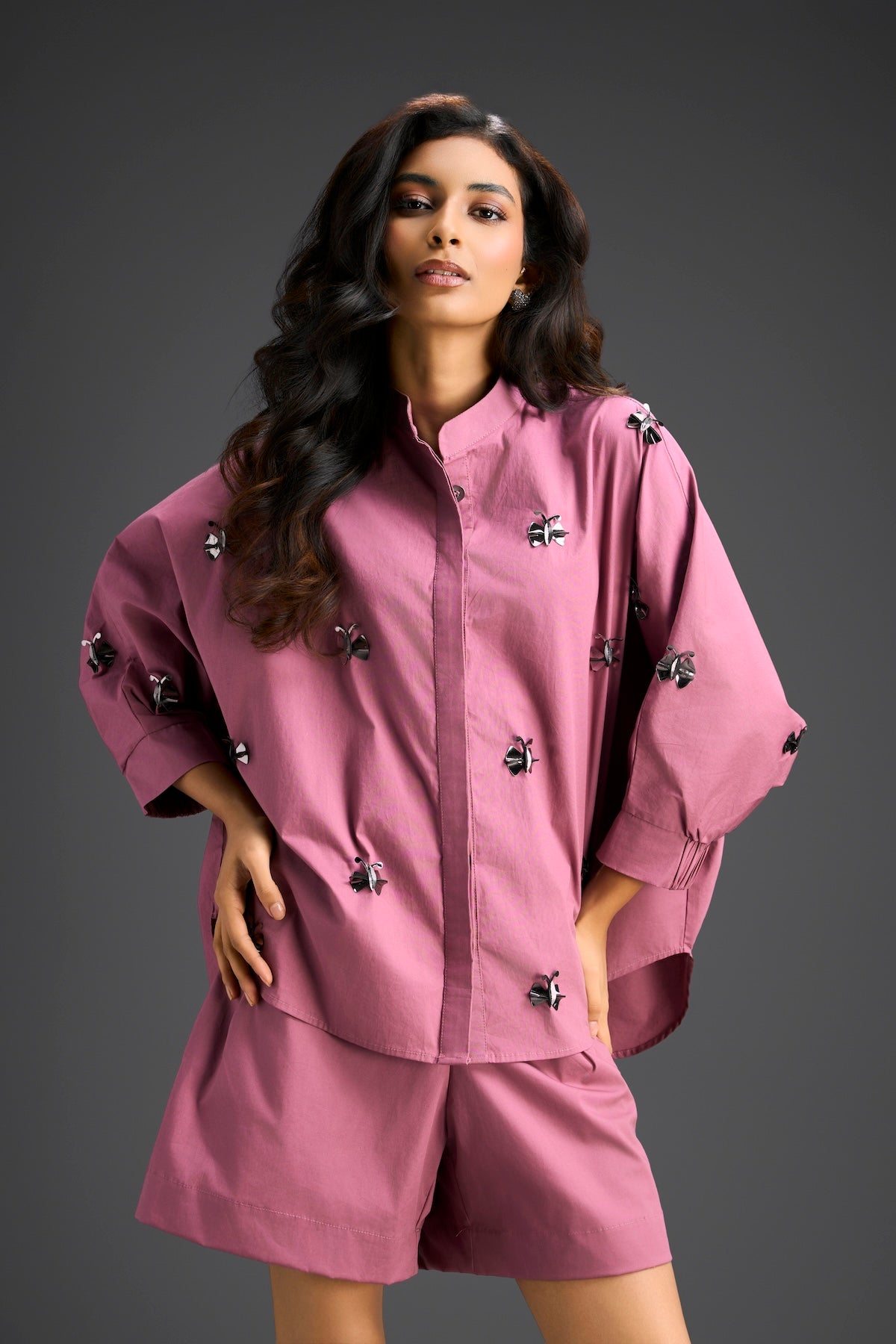 Pink Butterfly Embellished Pleated Shirt & Shorts Set