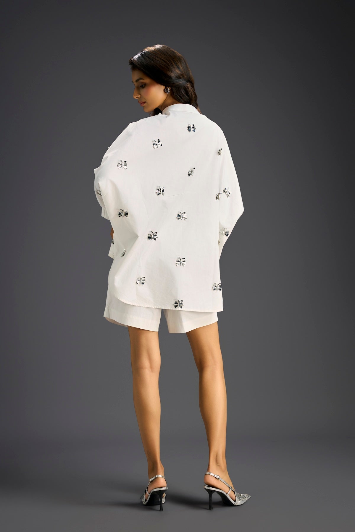 White Butterfly Embellished Pleated Shirt & Shorts Set
