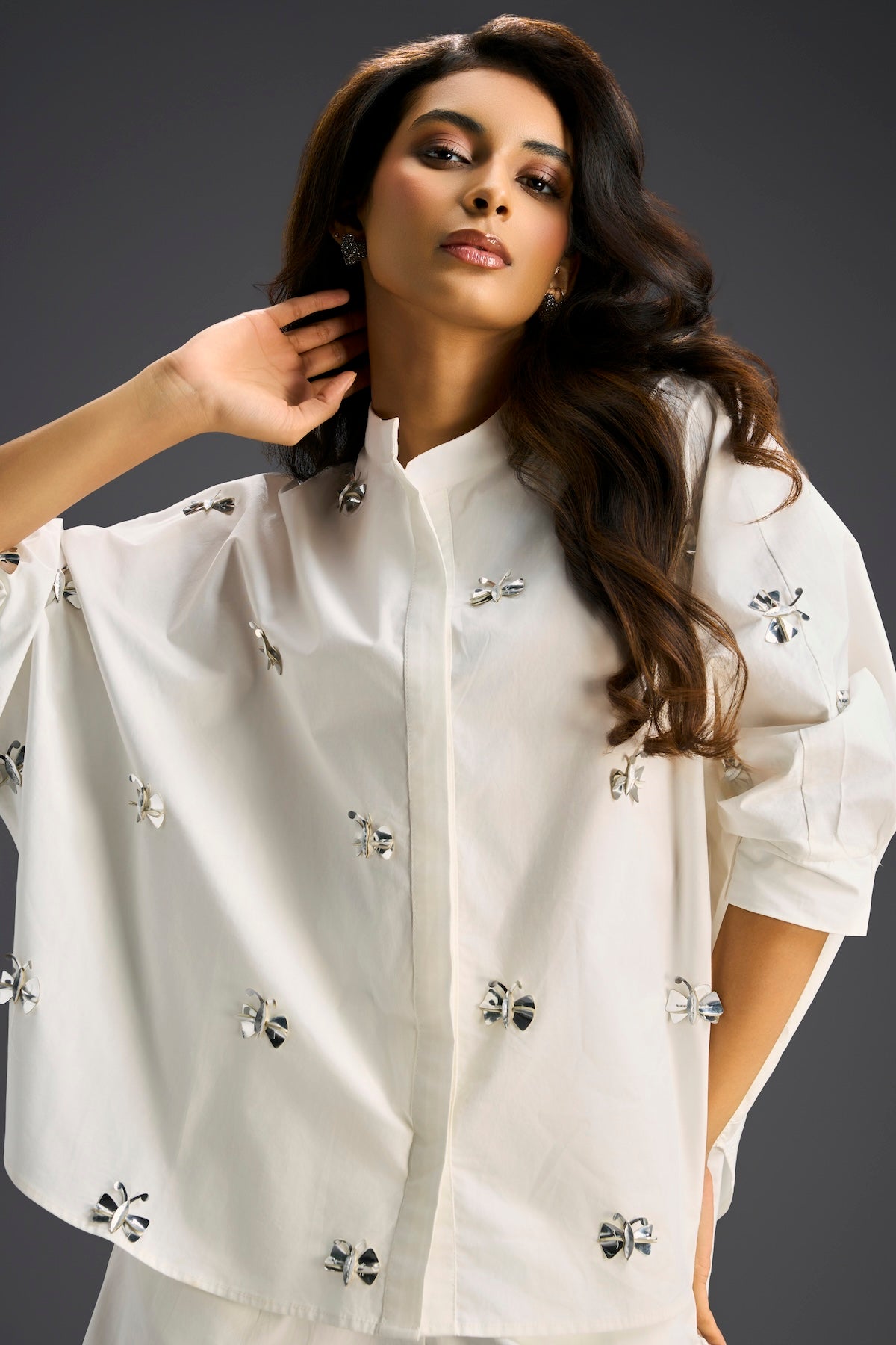 White Butterfly Embellished Pleated Shirt & Shorts Set