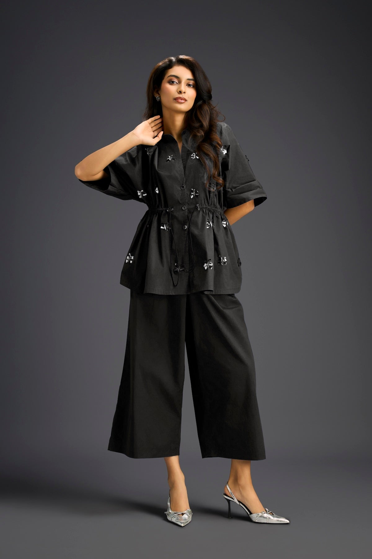 Black Butterfly Embellished Drawstring Shirt & Wide-Leg Pants Set